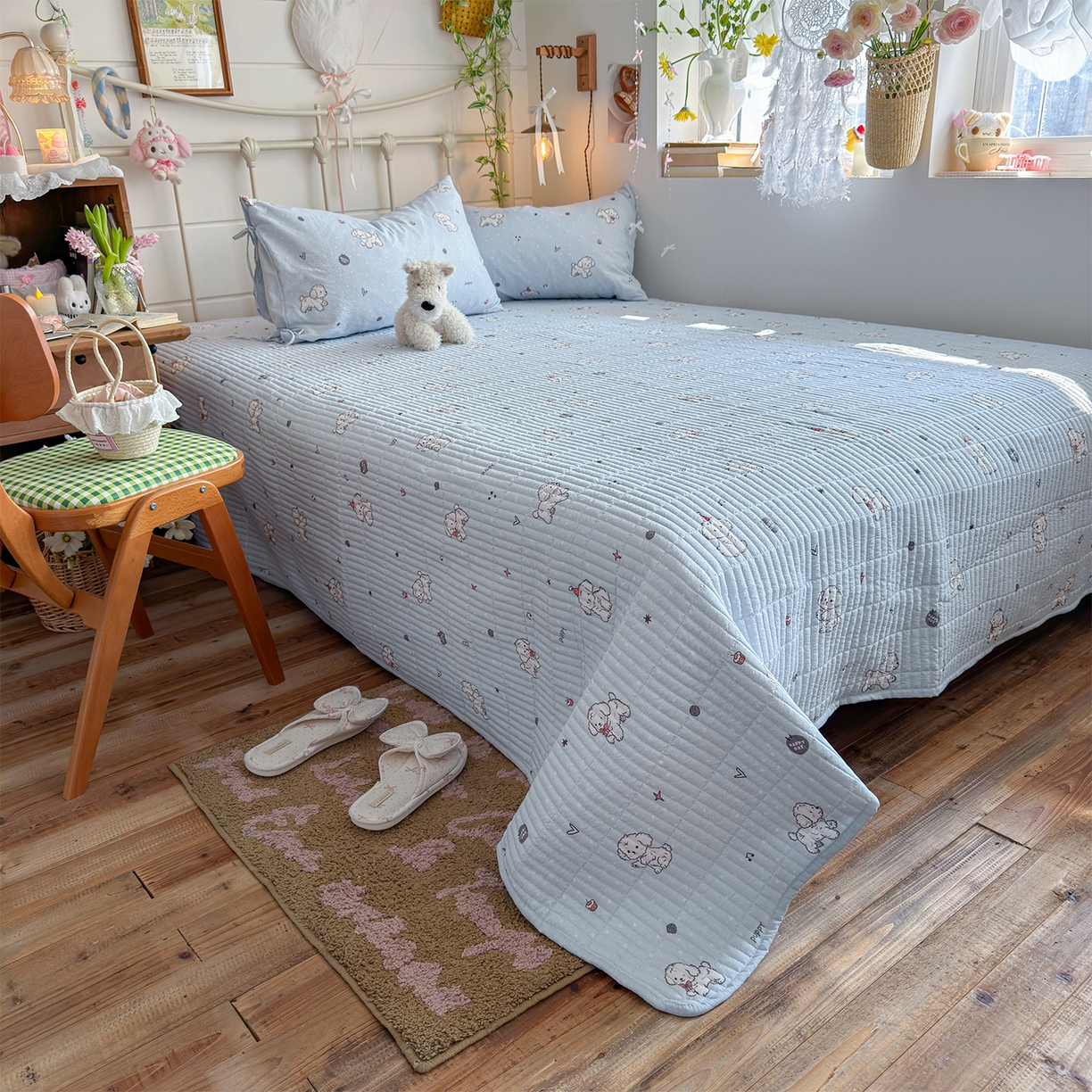 91家纺网 家纺一手货源 找家纺 优选良品 2026新款小清新直播热卖款云感双层纱木棉床盖四件套系列 可爱修狗