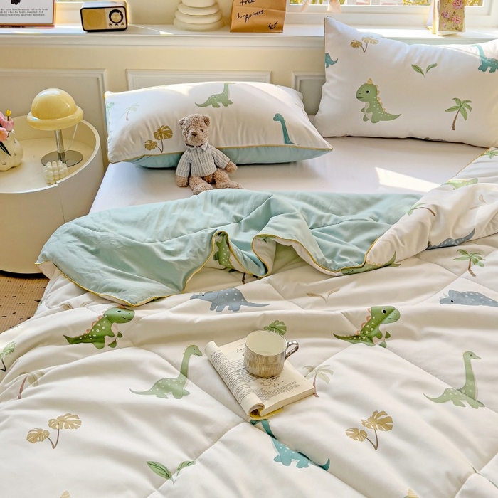 91家纺网 家纺一手货源 找家纺 铺尚美家纺 2026新款A类水洗双层纱大豆夏被子被芯 绿茵恐龙