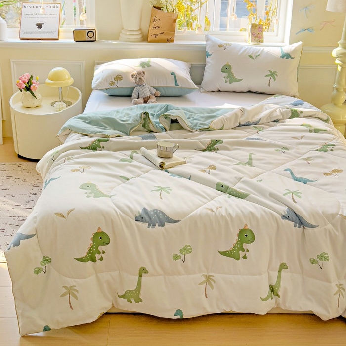 91家纺网 家纺一手货源 找家纺 铺尚美家纺 2026新款A类水洗双层纱大豆夏被子被芯 绿茵恐龙