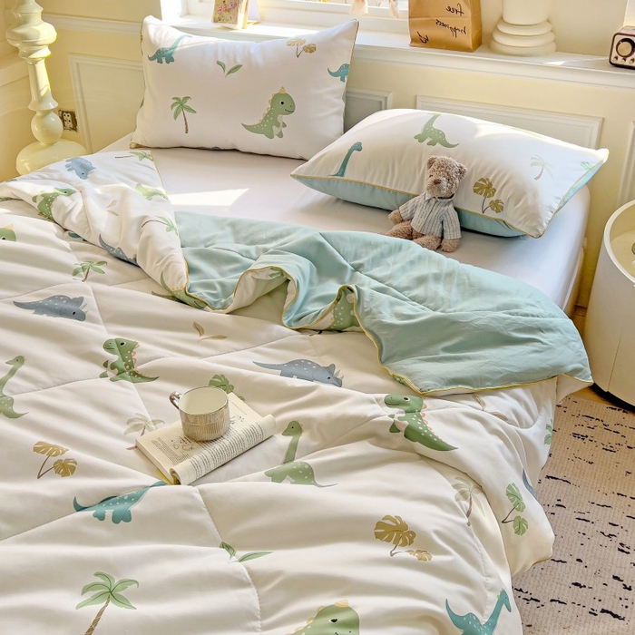 91家纺网 家纺一手货源 找家纺 铺尚美家纺 2026新款A类水洗双层纱大豆夏被子被芯 绿茵恐龙