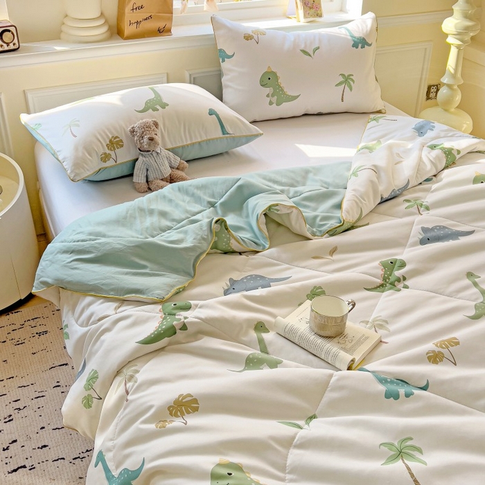 91家纺网 家纺一手货源 找家纺 铺尚美家纺 2026新款A类水洗双层纱大豆夏被子被芯 绿茵恐龙