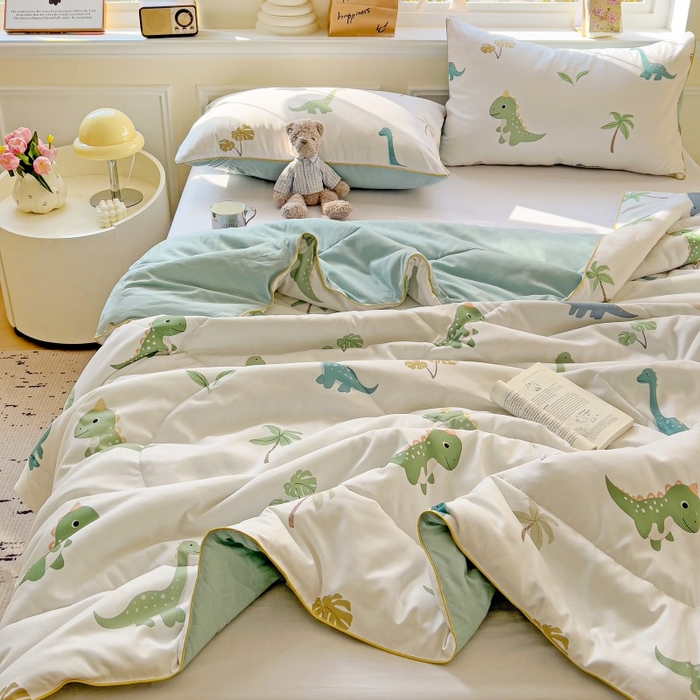 91家纺网 家纺一手货源 找家纺 铺尚美家纺 2026新款A类水洗双层纱大豆夏被子被芯 绿茵恐龙