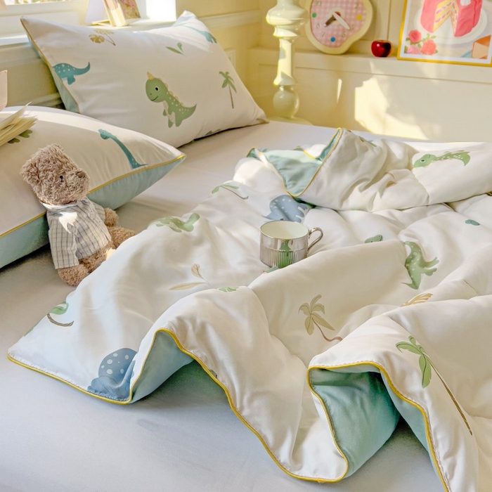 91家纺网 家纺一手货源 找家纺 铺尚美家纺 2026新款A类水洗双层纱大豆夏被子被芯 绿茵恐龙