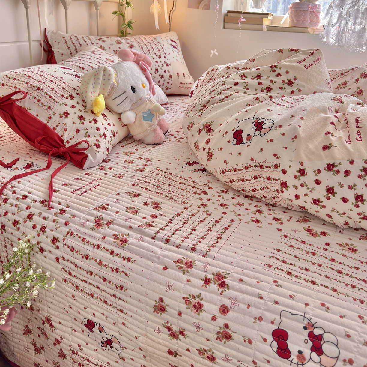 91家纺网 家纺一手货源 找家纺 优选良品 2026新款小清新直播热卖款云感双层纱木棉床盖四件套系列 浪漫kt