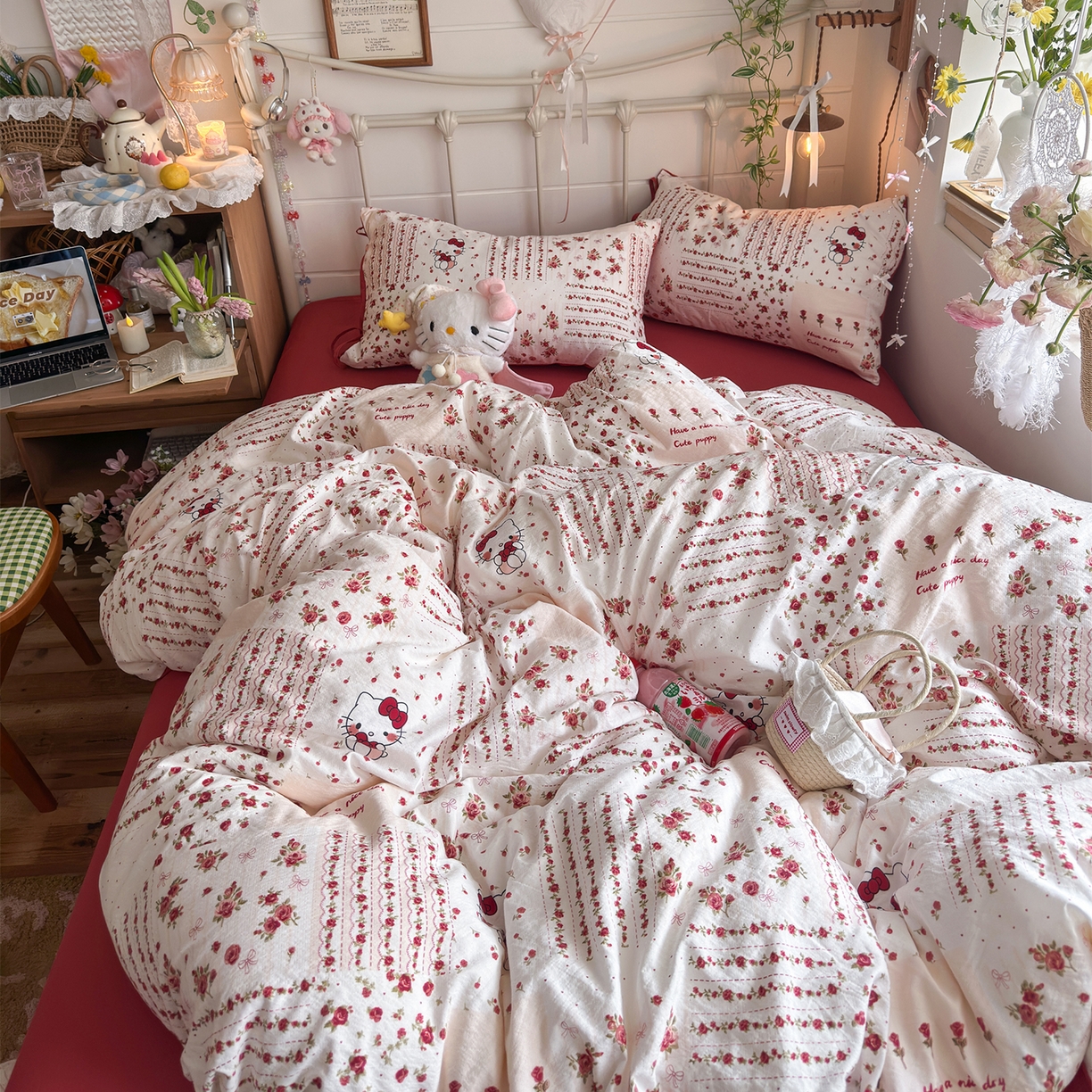 91家纺网 家纺一手货源 找家纺 优选良品 2026新款小清新直播热卖款云感双层纱木棉床盖四件套系列 浪漫kt