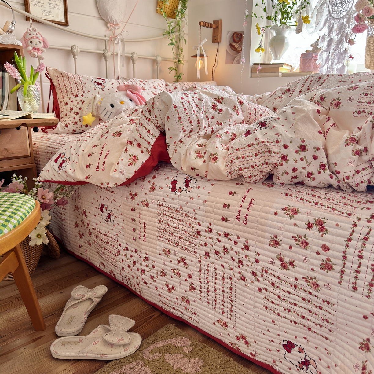 91家纺网 家纺一手货源 找家纺 优选良品 2026新款小清新直播热卖款云感双层纱木棉床盖四件套系列 浪漫kt