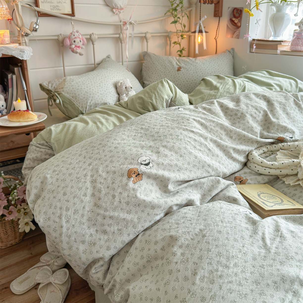 91家纺网 家纺一手货源 找家纺 优选良品 2026新款小清新直播热卖款云感双层纱木棉床盖四件套系列 两只汪汪