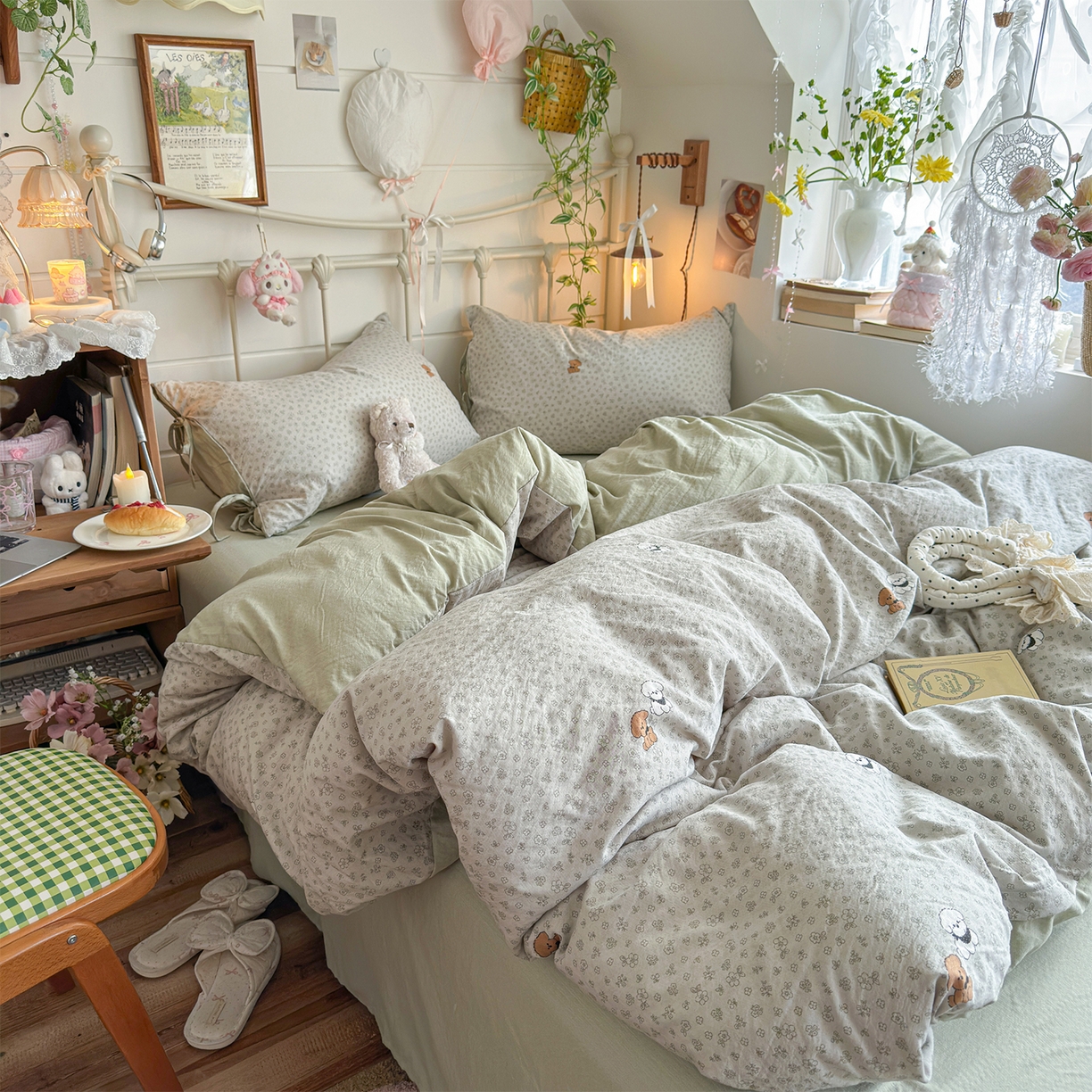 91家纺网 家纺一手货源 找家纺 优选良品 2026新款小清新直播热卖款云感双层纱木棉床盖四件套系列 两只汪汪