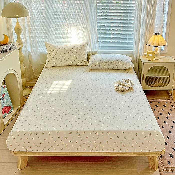 91家纺网 家纺一手货源 找家纺 （总）优选 2026新款ins小清新木棉双层纱印花床笠床垫保护罩枕套三件套