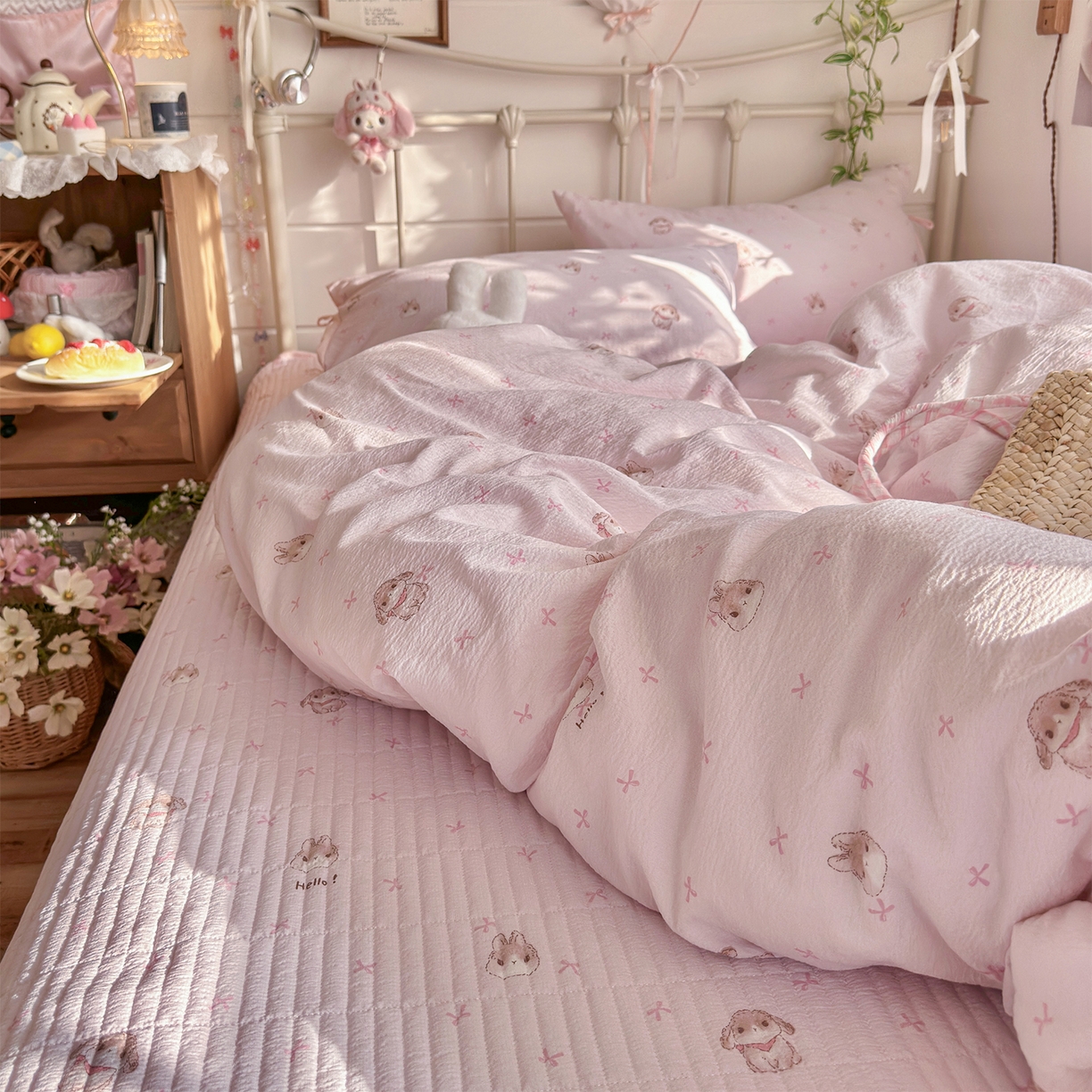 91家纺网 家纺一手货源 找家纺 优选良品 2026新款小清新直播热卖款云感双层纱木棉床盖四件套系列 萌萌免