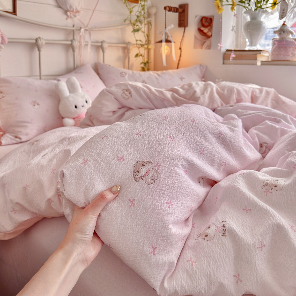 91家纺网 家纺一手货源 找家纺 优选良品 2026新款小清新直播热卖款云感双层纱木棉床盖四件套系列 萌萌免