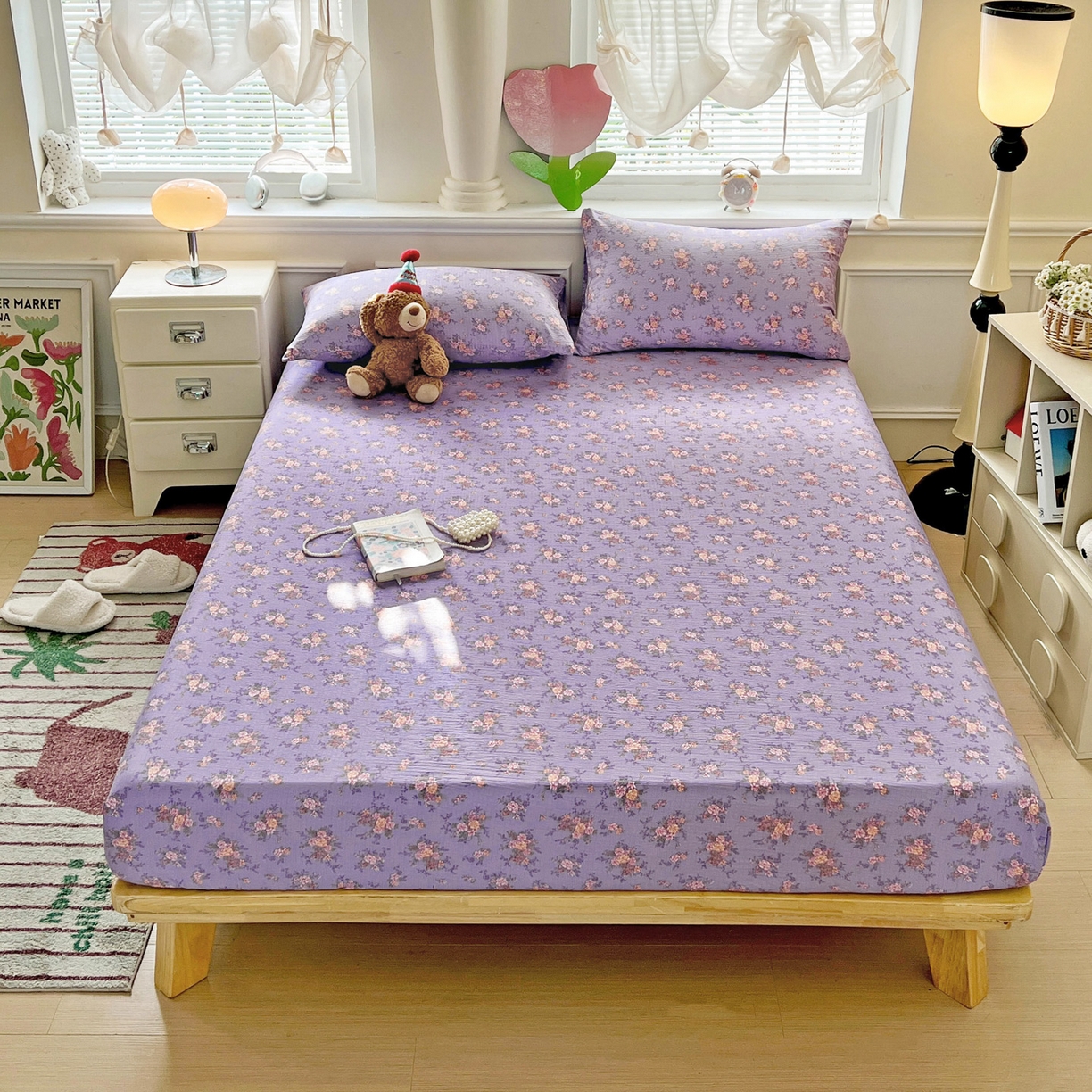 91家纺网 家纺一手货源 找家纺 （总）优选 2026新款ins小清新木棉双层纱印花床笠床垫保护罩枕套三件套