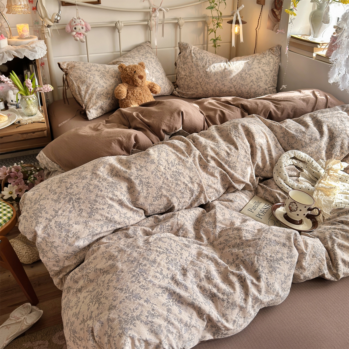 91家纺网 家纺一手货源 找家纺 优选良品 2026新款小清新直播热卖款云感双层纱木棉床盖四件套系列 清墨