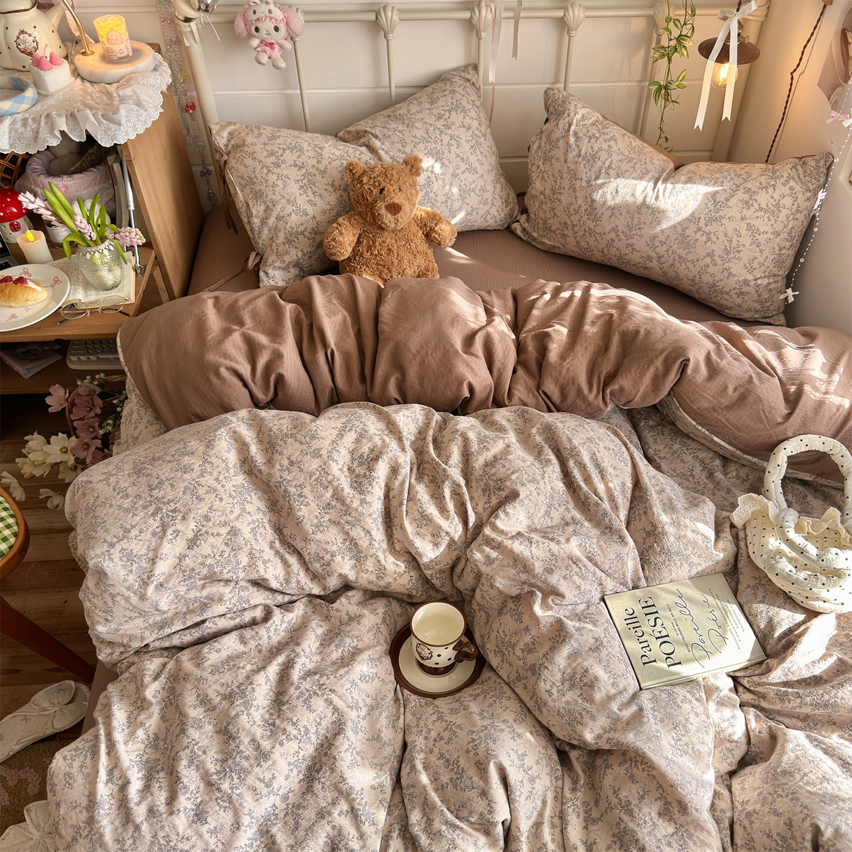 91家纺网 家纺一手货源 找家纺 优选良品 2026新款小清新直播热卖款云感双层纱木棉床盖四件套系列 清墨