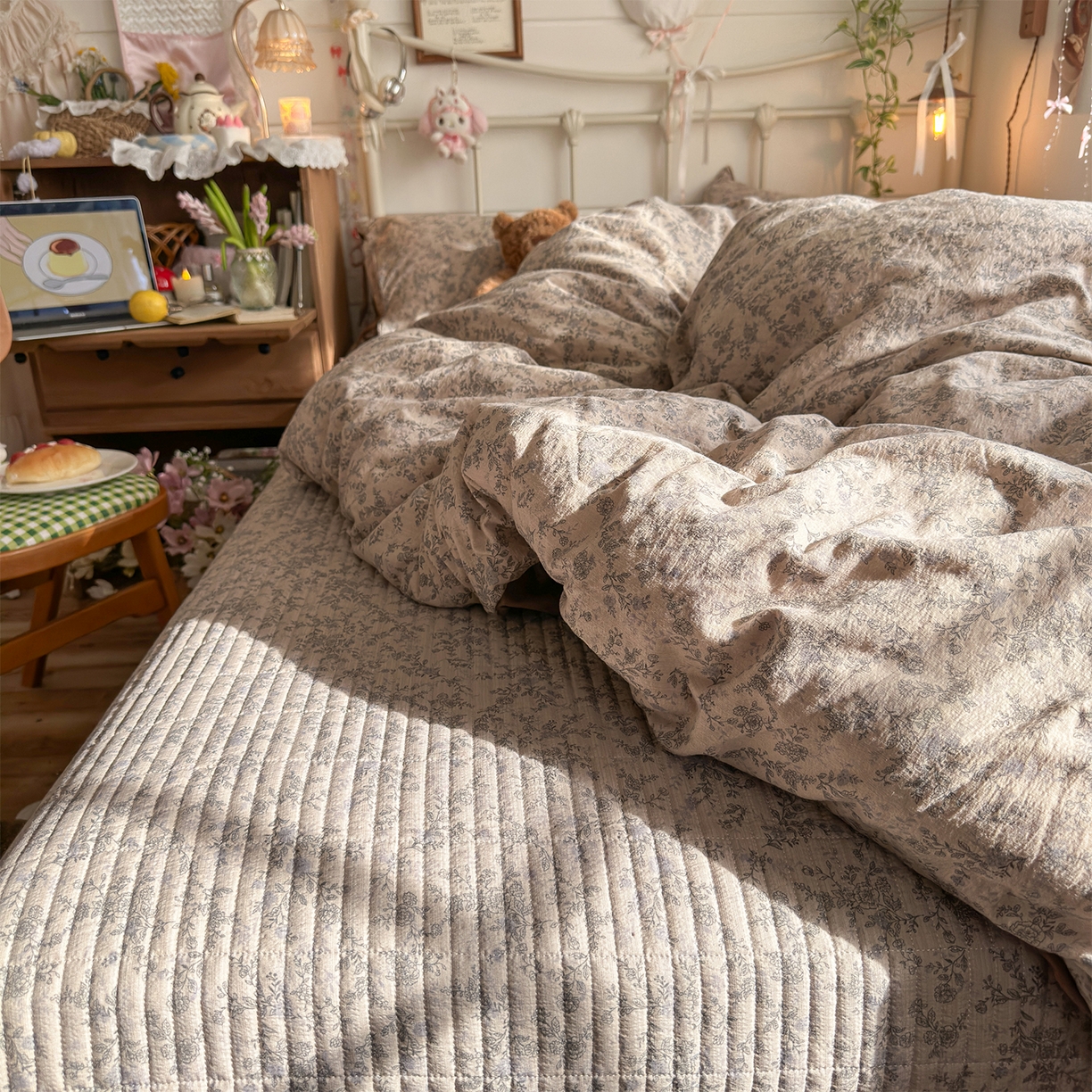 91家纺网 家纺一手货源 找家纺 优选良品 2026新款小清新直播热卖款云感双层纱木棉床盖四件套系列 清墨