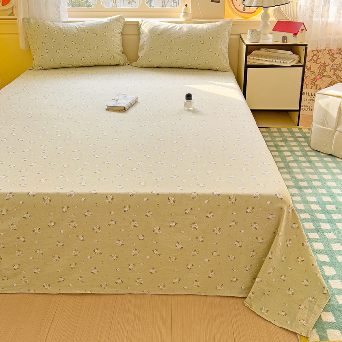 91家纺网 家纺一手货源 找家纺 纽缦家纺 2026春夏新款云感提花双层纱单床单 床单单件 落日暮年绿