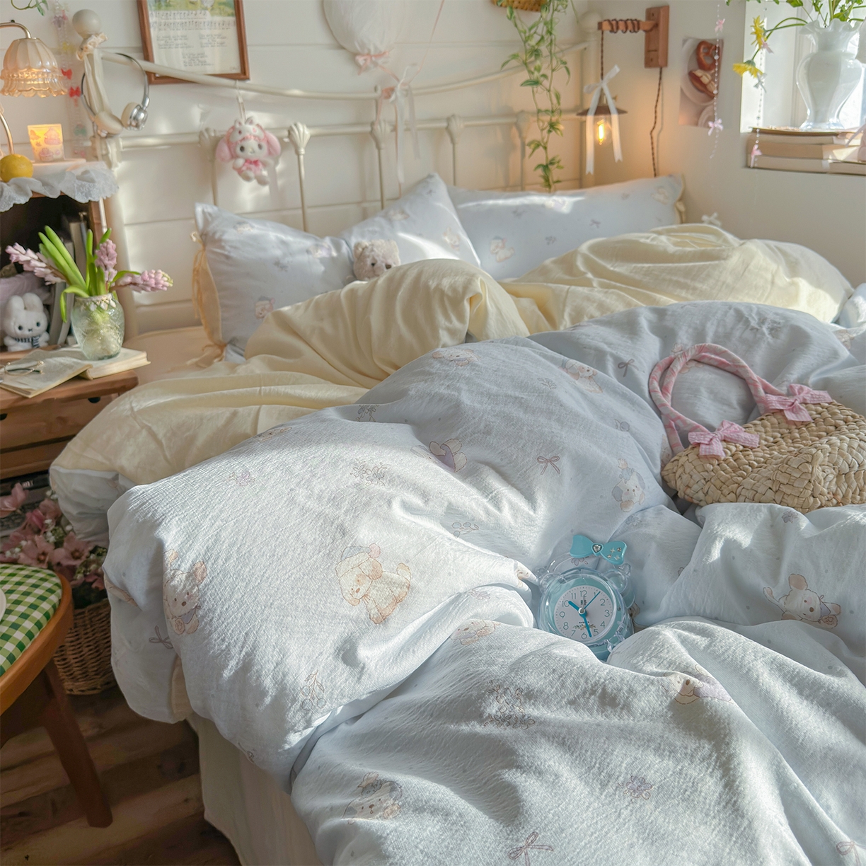 91家纺网 家纺一手货源 找家纺 优选良品 2026新款小清新直播热卖款云感双层纱木棉床盖四件套系列 幸运狗狗