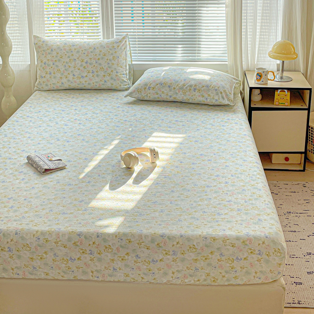 91家纺网 家纺一手货源 找家纺 优选 2026新款ins小清新木棉双层纱印花床笠床垫保护罩枕套三件套 蝶梦