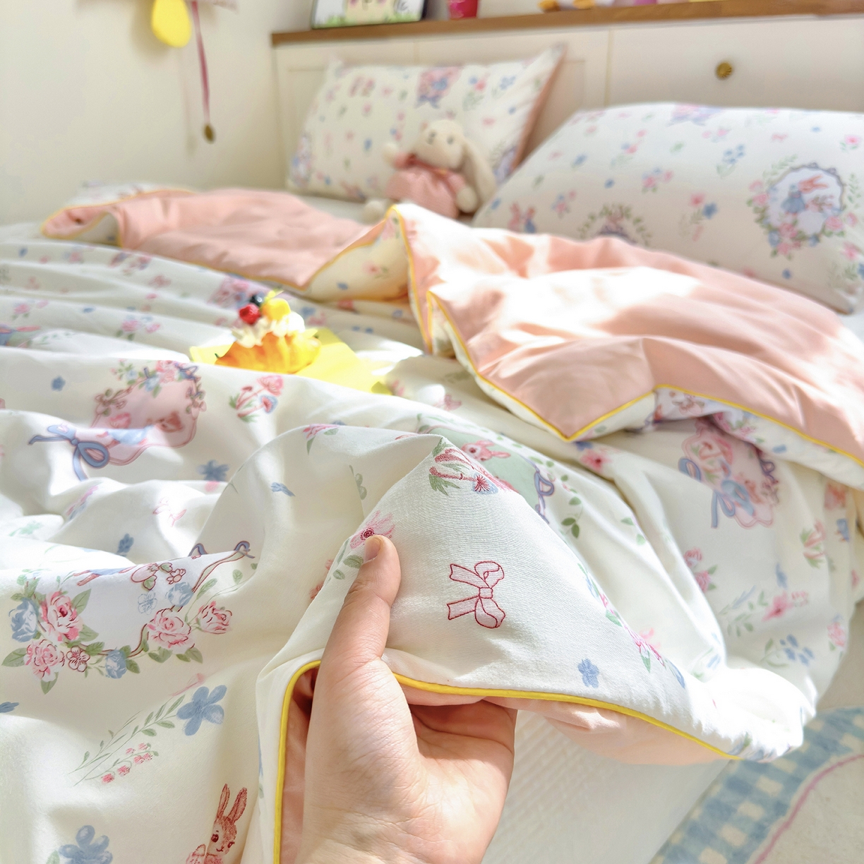 91家纺网 家纺一手货源 找家纺 铺尚美家纺 2026新款A类水洗双层纱大豆夏被子被芯 花仙兔