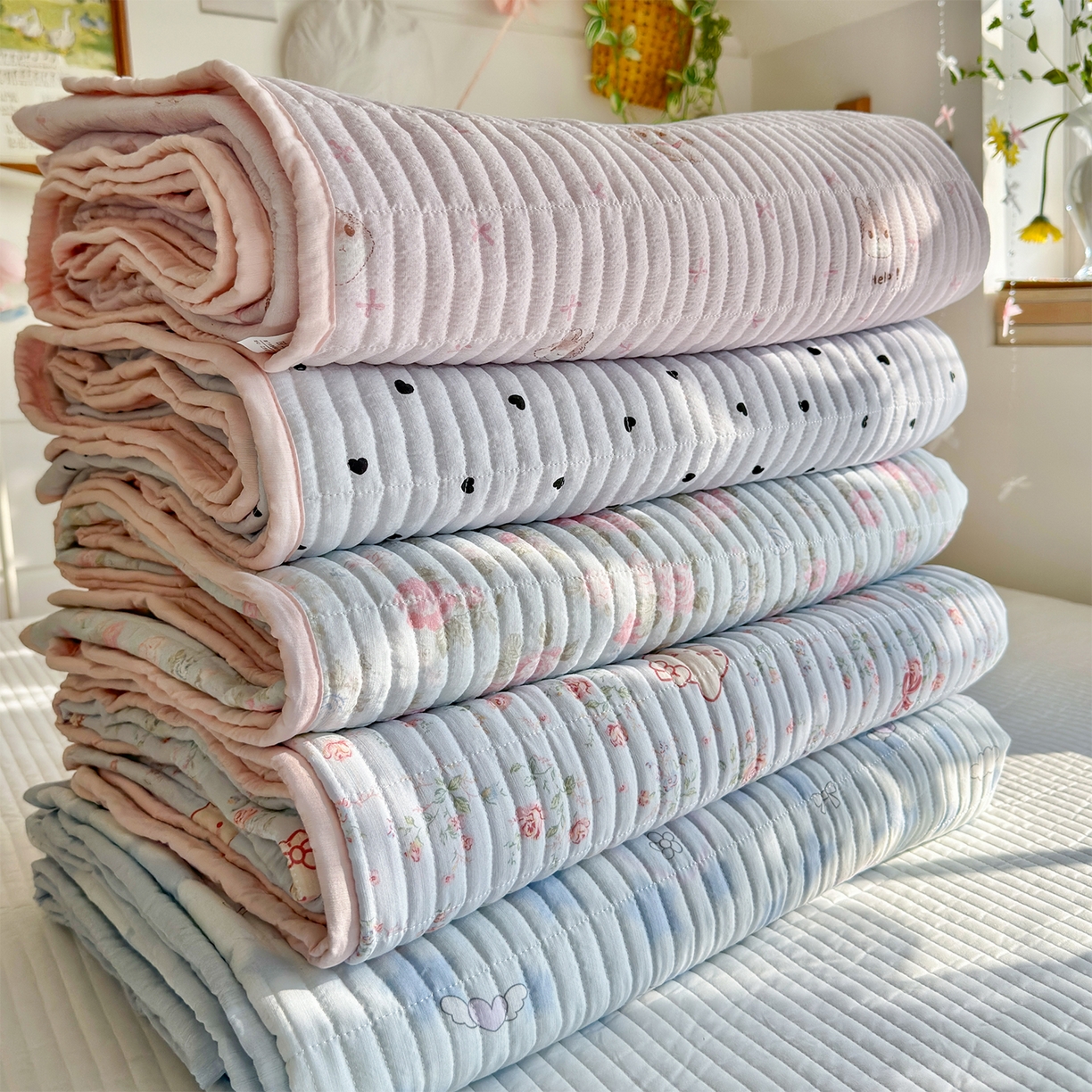 91家纺网 家纺一手货源 找家纺 优选良品 2026新款小清新直播热卖款云感双层纱木棉床盖四件套系列 组合图仅供展示不可下单