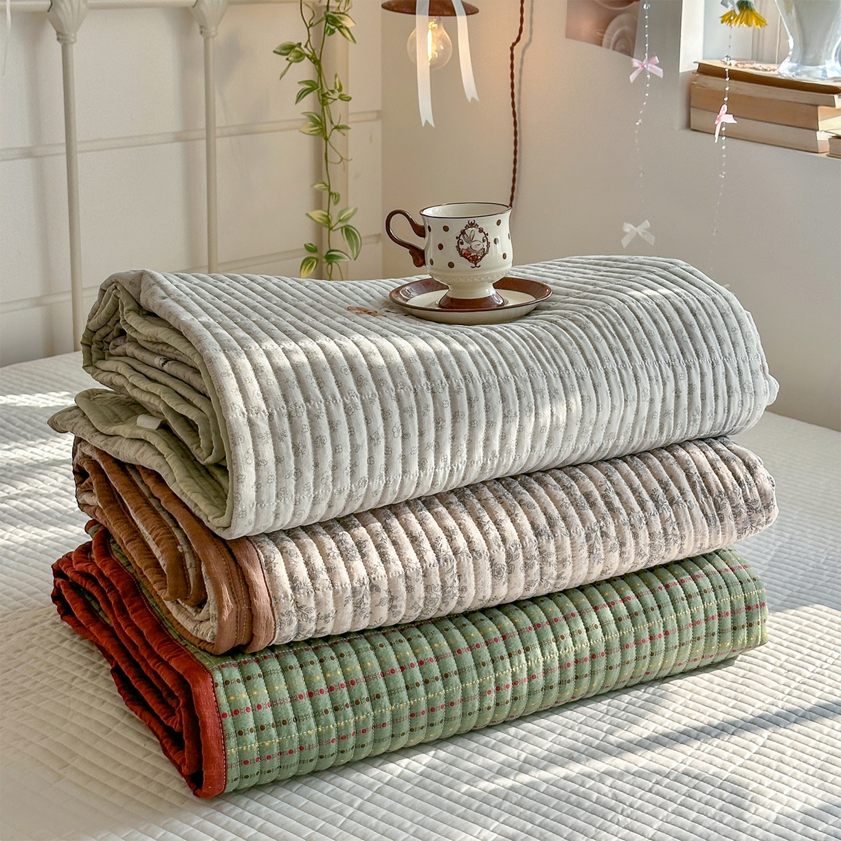 91家纺网 家纺一手货源 找家纺 优选良品 2026新款小清新直播热卖款云感双层纱木棉床盖四件套系列 组合图仅供展示不可下单