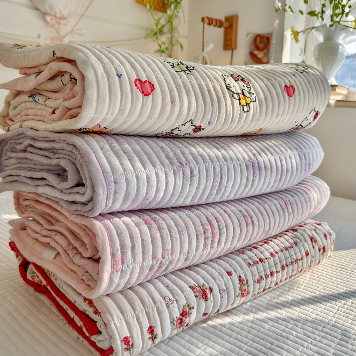 91家纺网 家纺一手货源 找家纺 优选良品 2026新款小清新直播热卖款云感双层纱木棉床盖四件套系列 组合图仅供展示不可下单