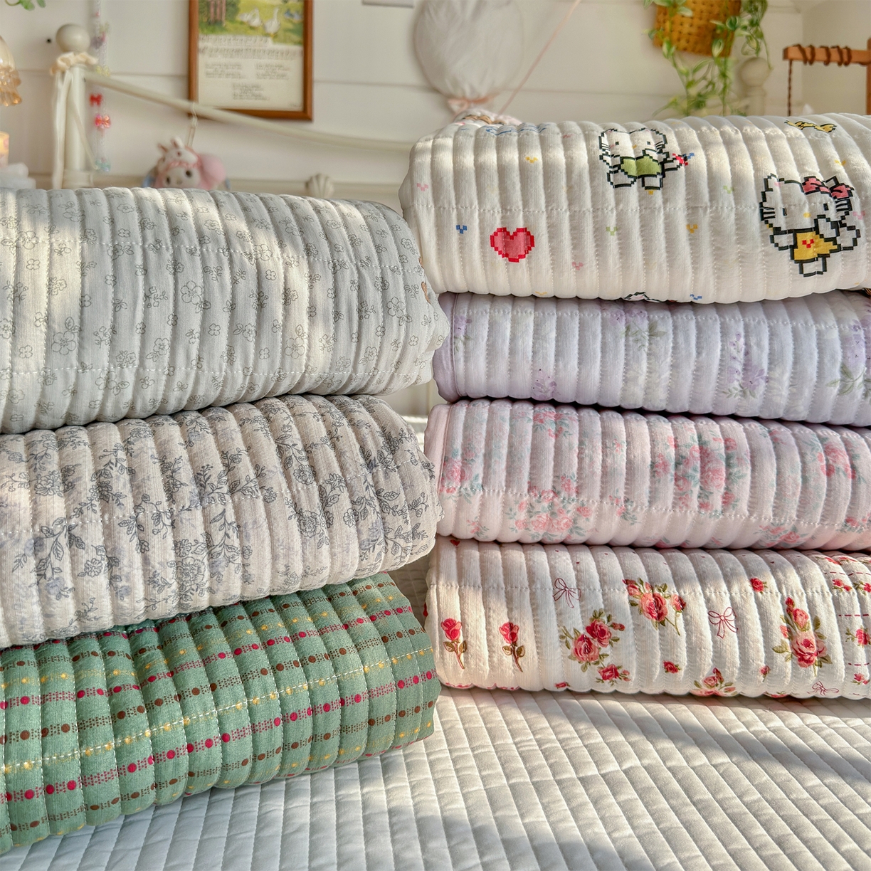 91家纺网 家纺一手货源 找家纺 优选良品 2026新款小清新直播热卖款云感双层纱木棉床盖四件套系列 组合图仅供展示不可下单