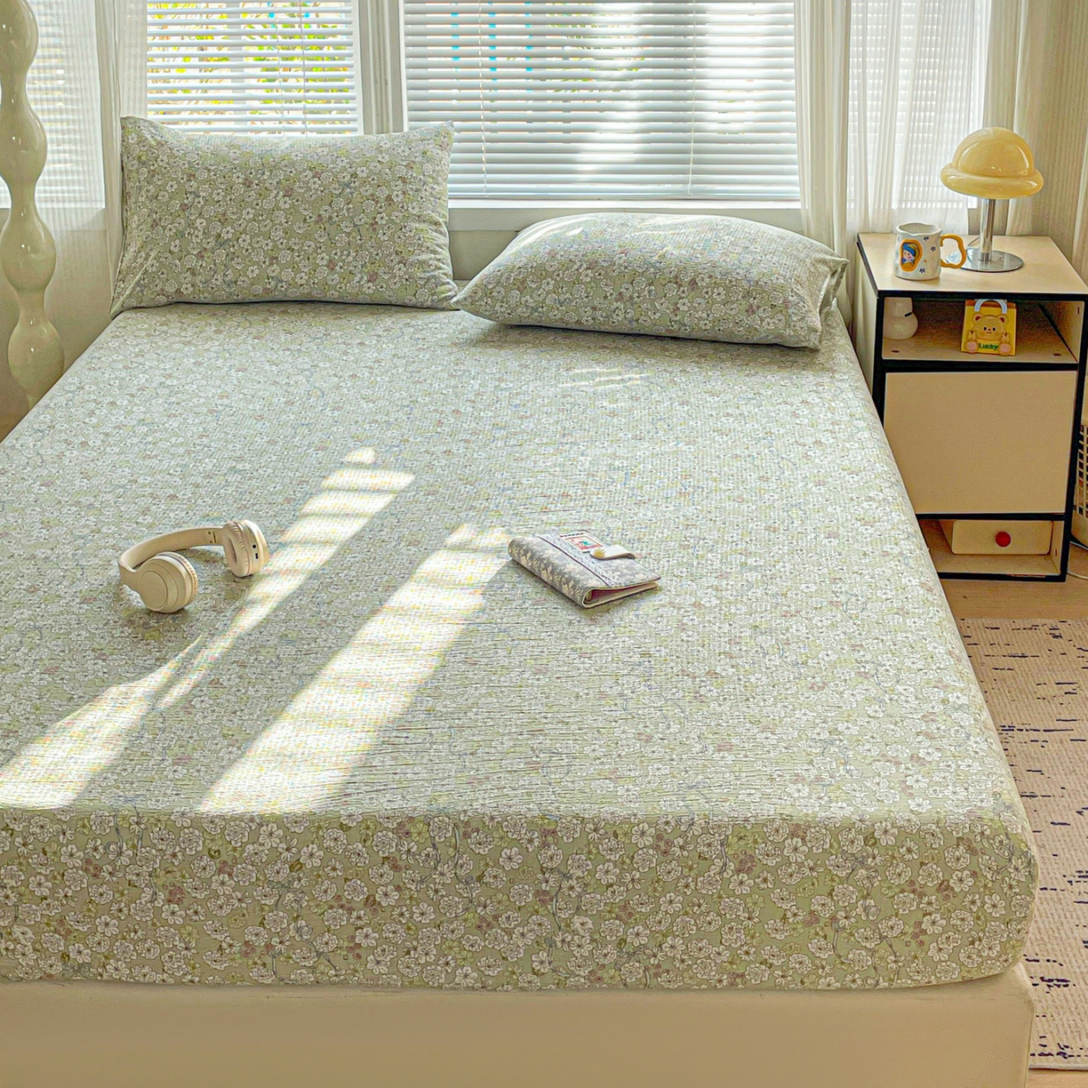 91家纺网 家纺一手货源 找家纺 优选 2026新款ins小清新木棉双层纱印花床笠床垫保护罩枕套三件套 繁苏