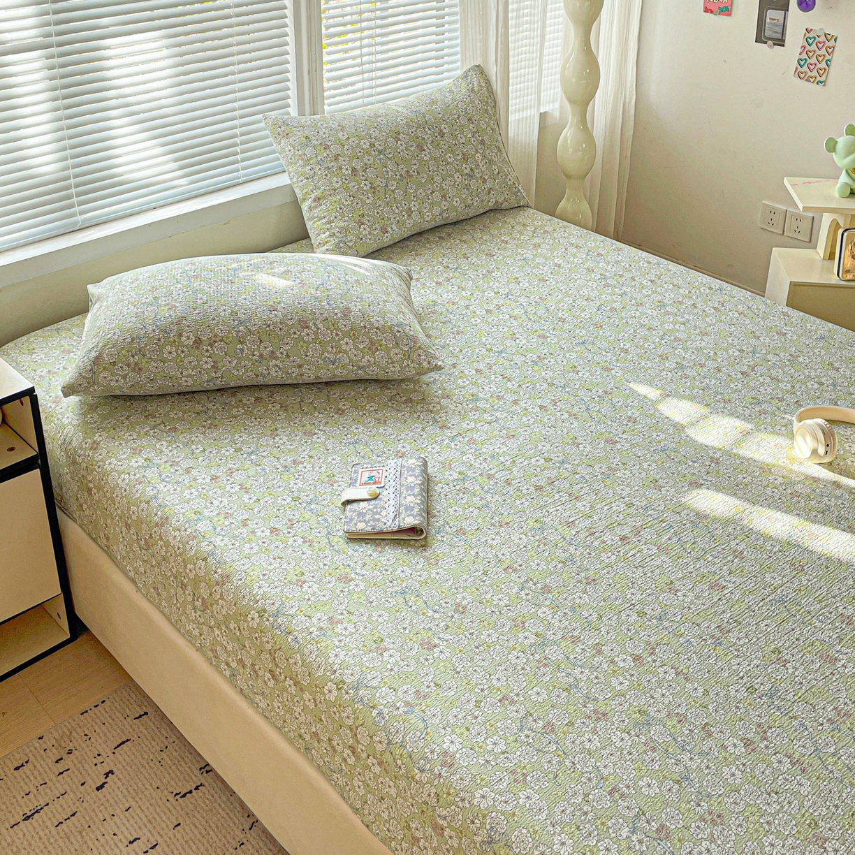 91家纺网 家纺一手货源 找家纺 优选 2026新款ins小清新木棉双层纱印花床笠床垫保护罩枕套三件套 繁苏