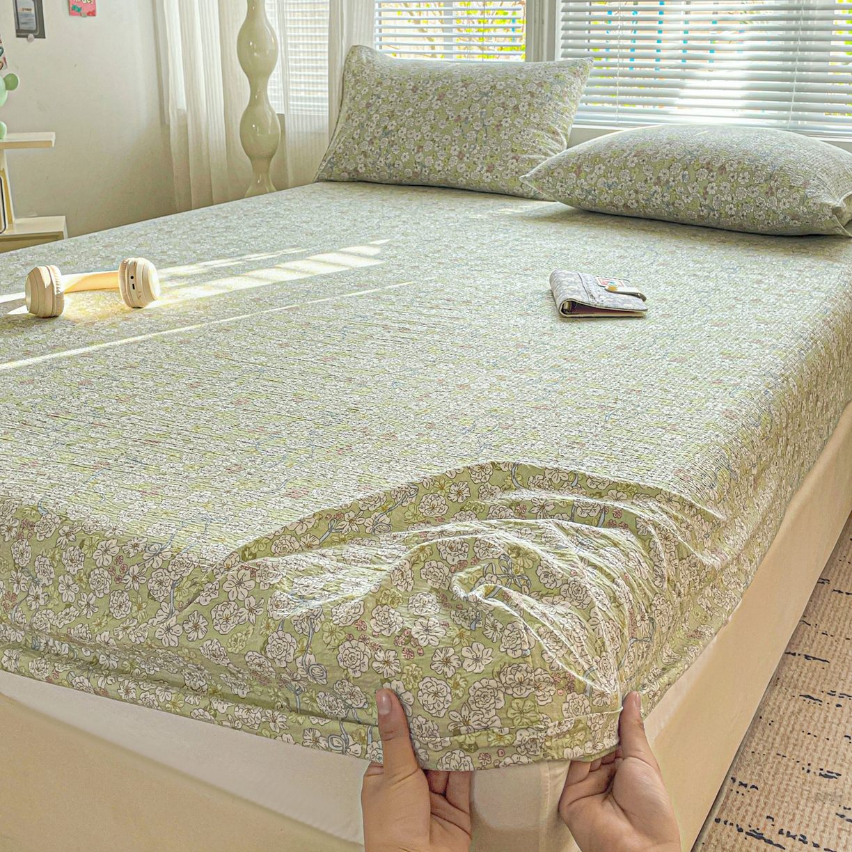 91家纺网 家纺一手货源 找家纺 优选 2026新款ins小清新木棉双层纱印花床笠床垫保护罩枕套三件套 繁苏