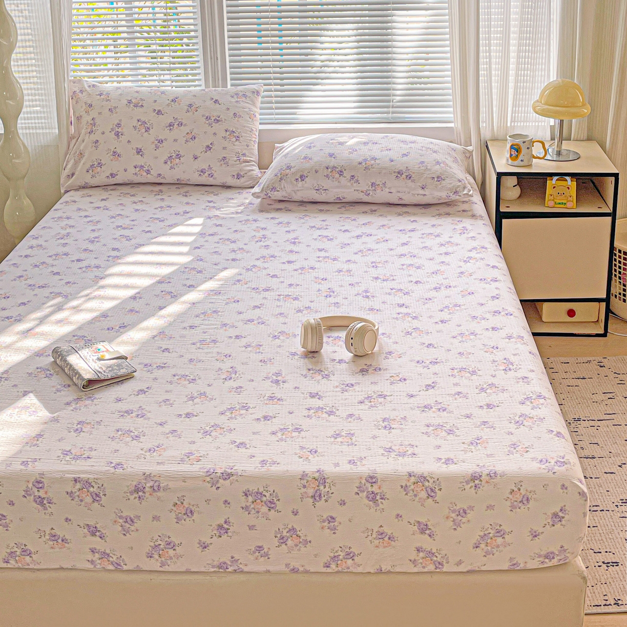 91家纺网 家纺一手货源 找家纺 优选 2026新款ins小清新木棉双层纱印花床笠床垫保护罩枕套三件套 酣春