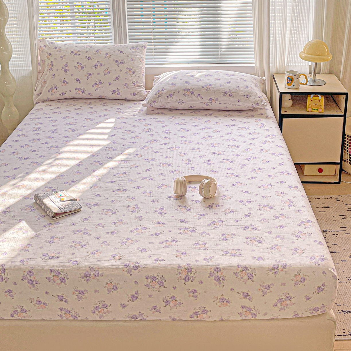 91家纺网 家纺一手货源 找家纺 优选 2026新款ins小清新木棉双层纱印花床笠床垫保护罩枕套三件套 酣春