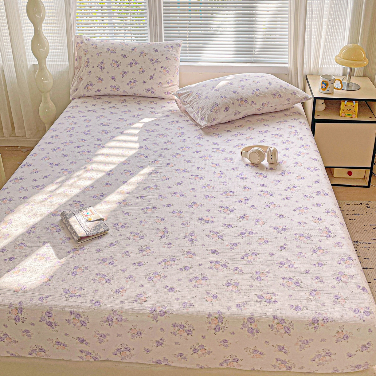 91家纺网 家纺一手货源 找家纺 优选 2026新款ins小清新木棉双层纱印花床笠床垫保护罩枕套三件套 酣春