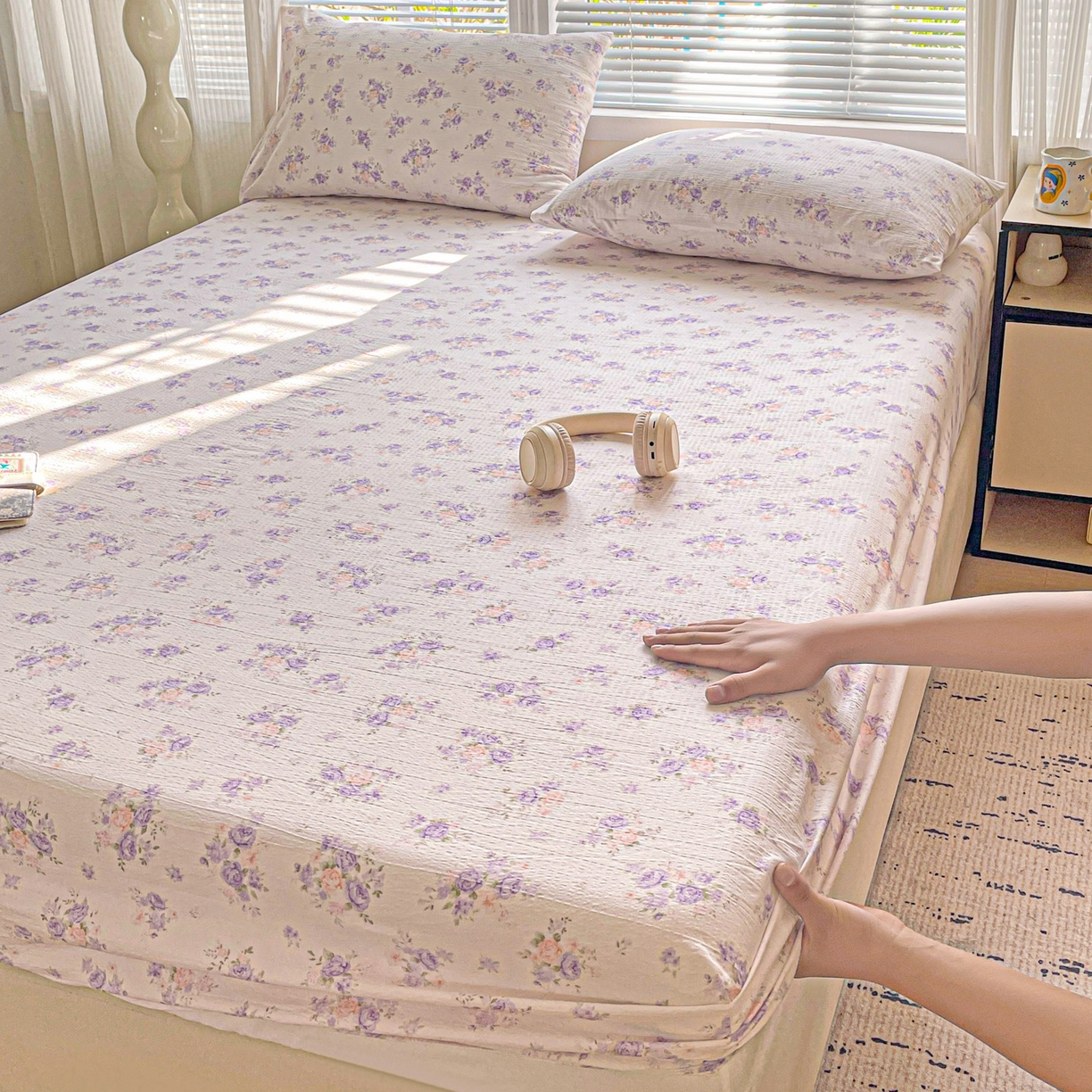 91家纺网 家纺一手货源 找家纺 优选 2026新款ins小清新木棉双层纱印花床笠床垫保护罩枕套三件套 酣春