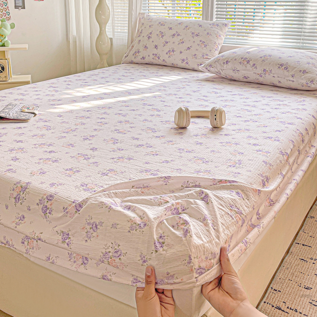 91家纺网 家纺一手货源 找家纺 优选 2026新款ins小清新木棉双层纱印花床笠床垫保护罩枕套三件套 酣春