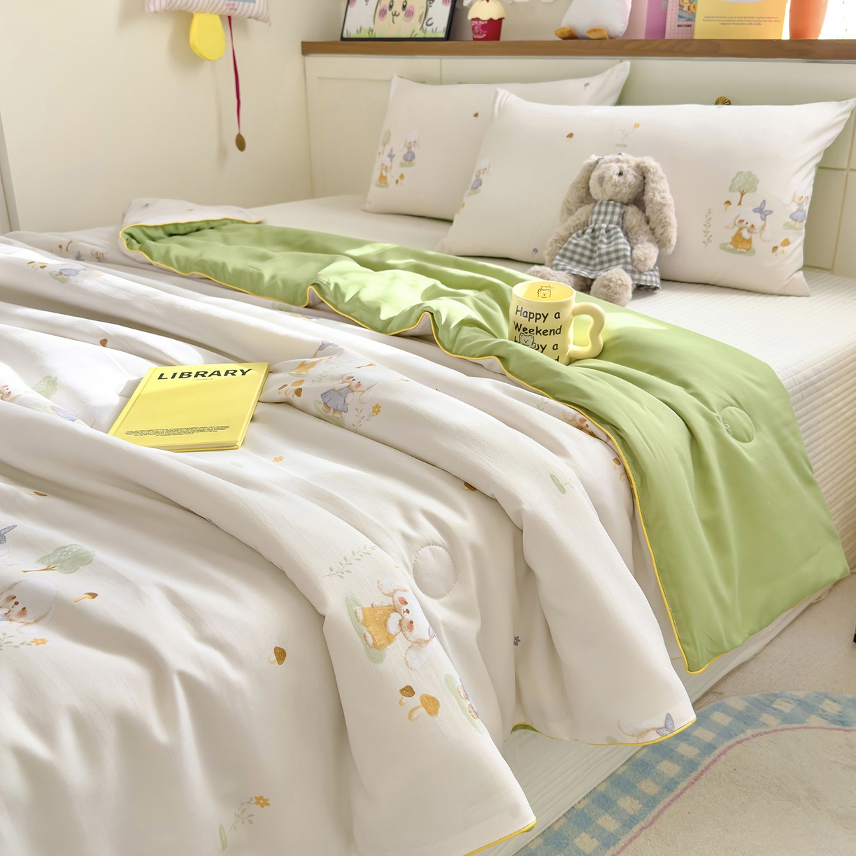 91家纺网 家纺一手货源 找家纺 铺尚美家纺 2026新款A类水洗双层纱大豆夏被子被芯 花语兔