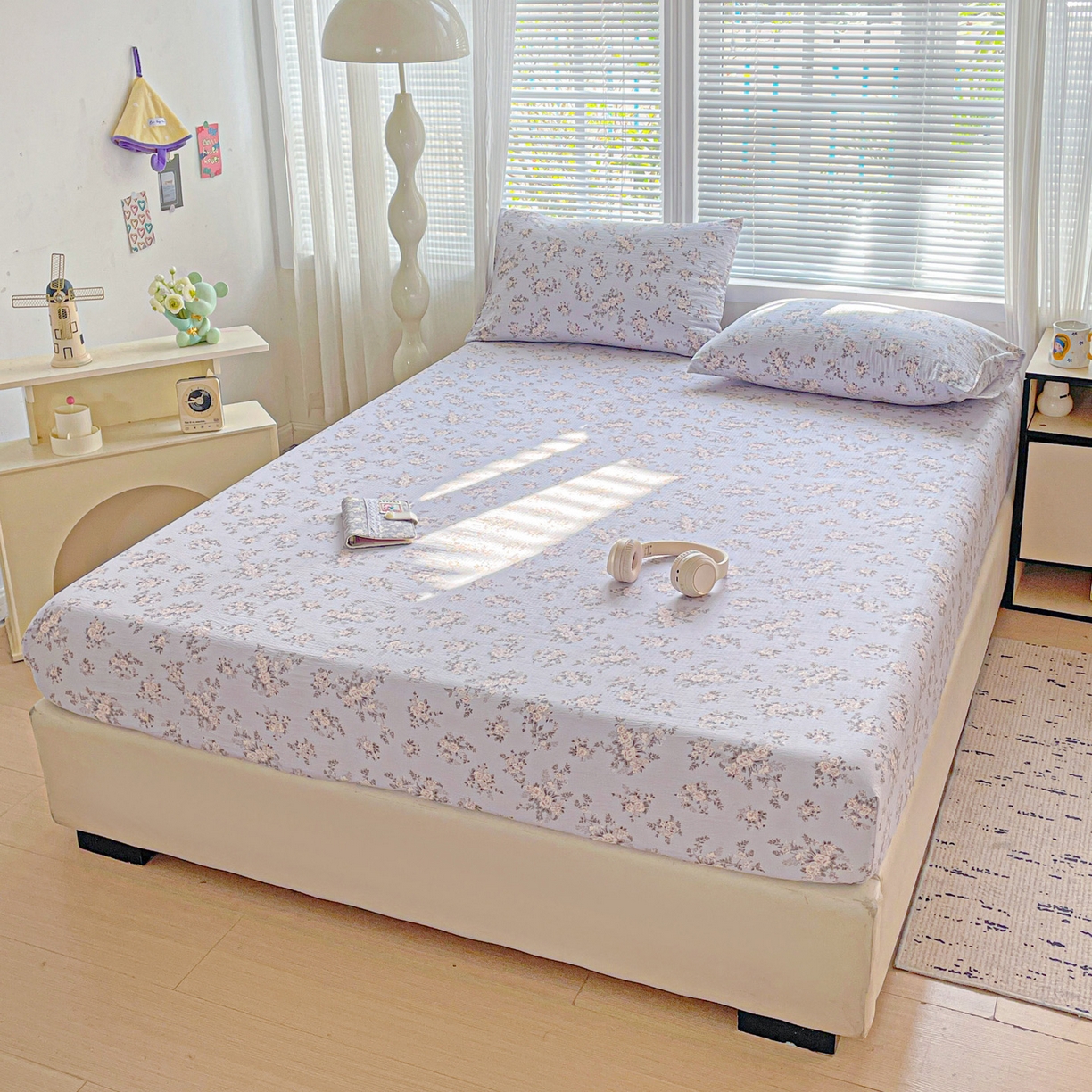 91家纺网 家纺一手货源 找家纺 优选 2026新款ins小清新木棉双层纱印花床笠床垫保护罩枕套三件套 华梦