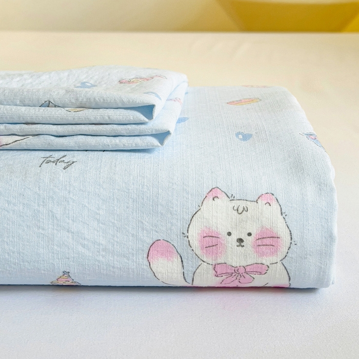 纽缦家纺 2026春夏新款云感提花双层纱单床单 床单单件 小猫时光蓝