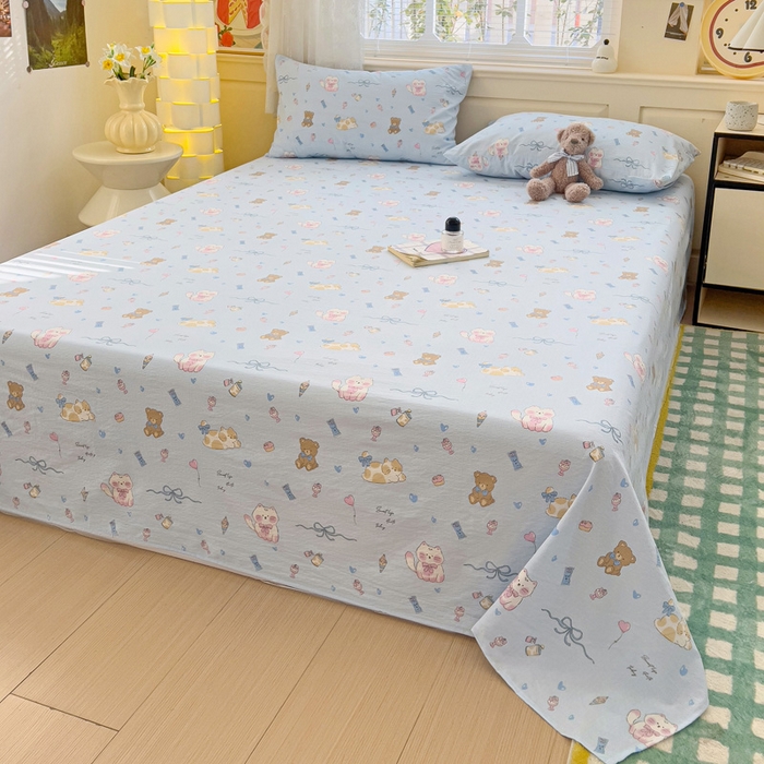 91家纺网 家纺一手货源 找家纺 纽缦家纺 2026春夏新款云感提花双层纱单床单 床单单件 小猫时光蓝