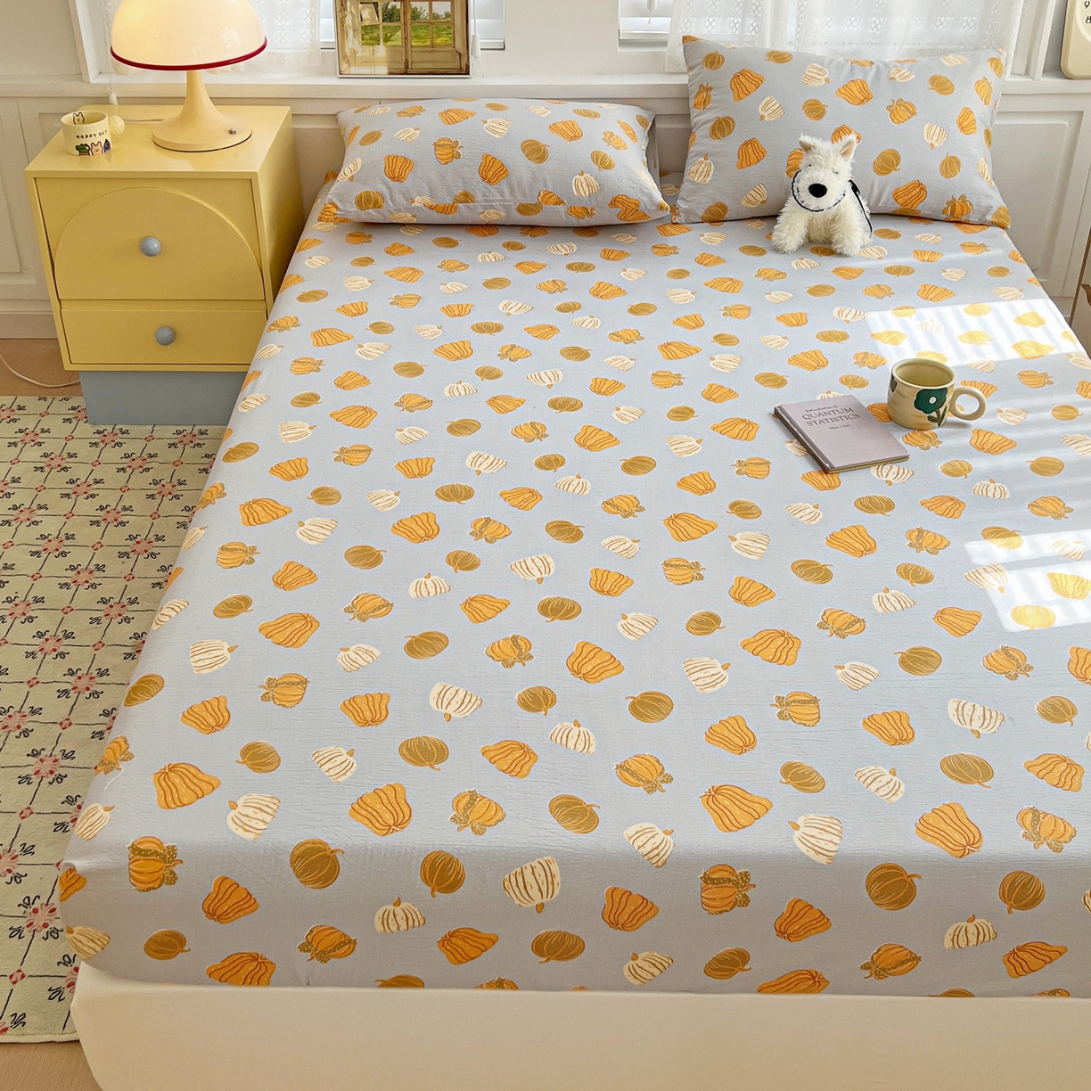 91家纺网 家纺一手货源 找家纺 （总）优选良品 2025新款ins小清新木棉双层纱印花床笠床垫保护罩枕套三件套