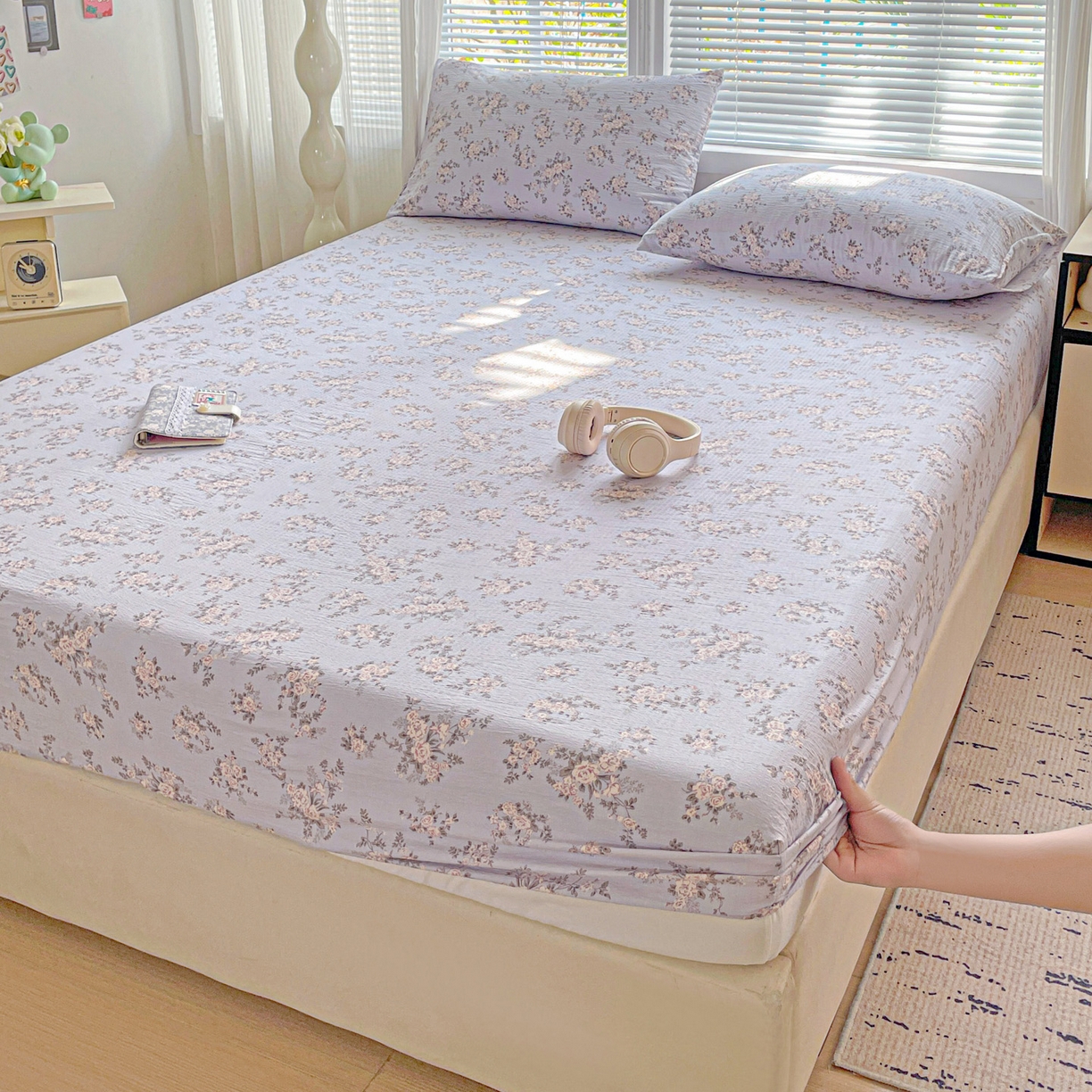 91家纺网 家纺一手货源 找家纺 优选 2026新款ins小清新木棉双层纱印花床笠床垫保护罩枕套三件套 华梦