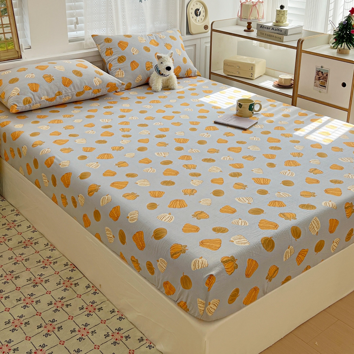 91家纺网 家纺一手货源 找家纺 （总）优选良品 2025新款ins小清新木棉双层纱印花床笠床垫保护罩枕套三件套