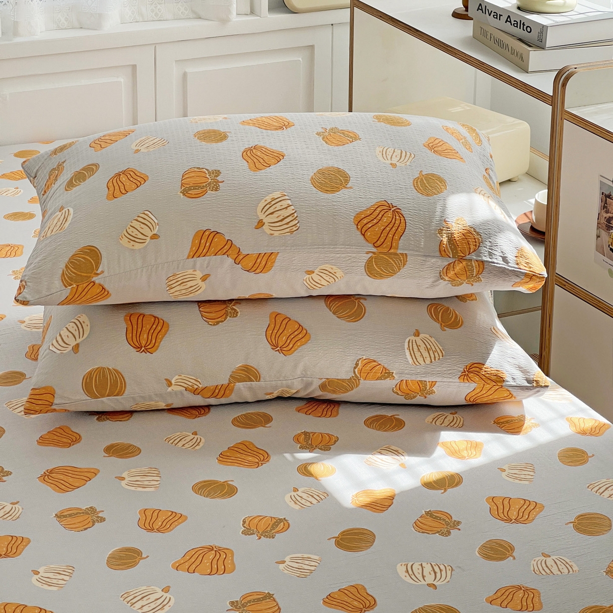 91家纺网 家纺一手货源 找家纺 （总）优选良品 2025新款ins小清新木棉双层纱印花床笠床垫保护罩枕套三件套