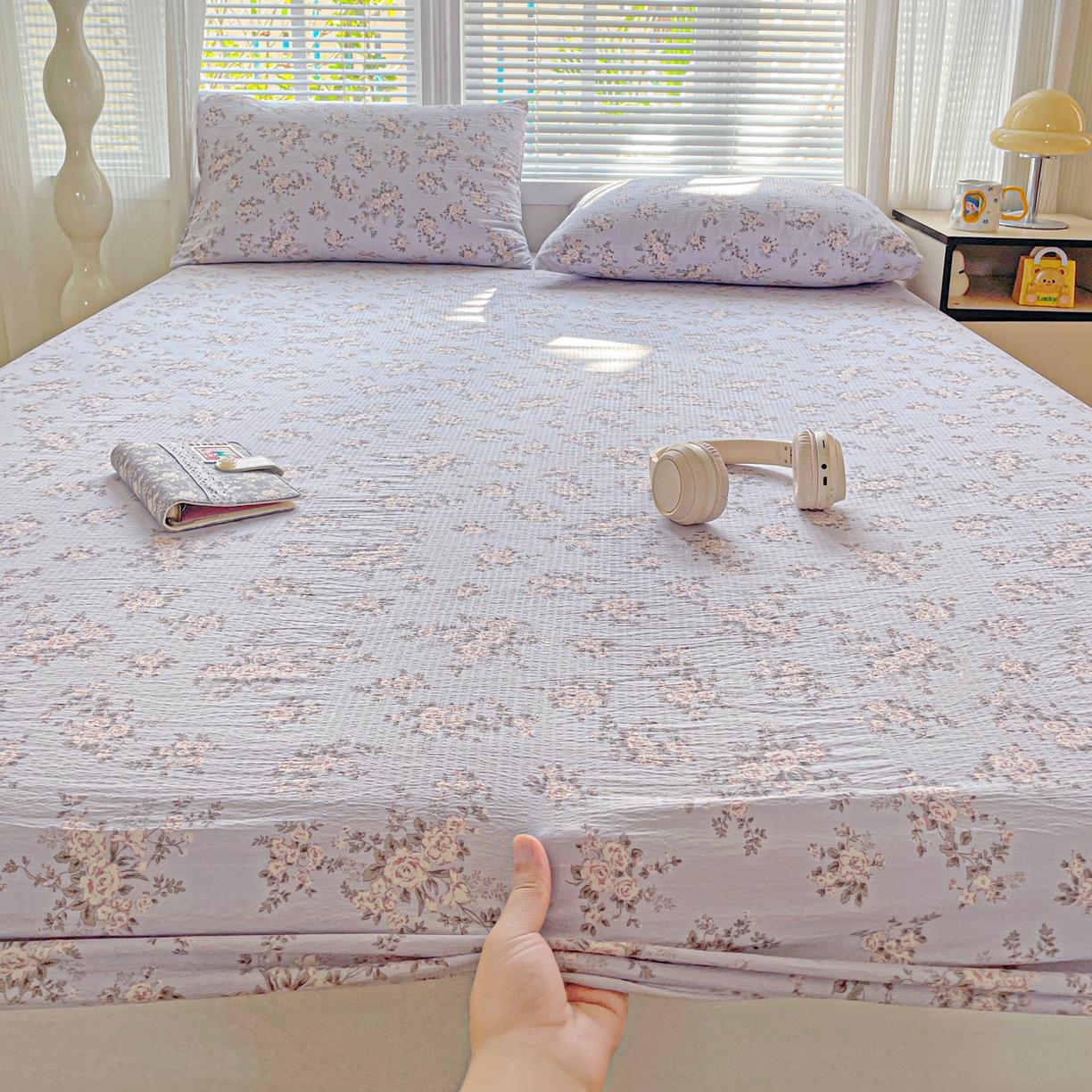 91家纺网 家纺一手货源 找家纺 优选 2026新款ins小清新木棉双层纱印花床笠床垫保护罩枕套三件套 华梦