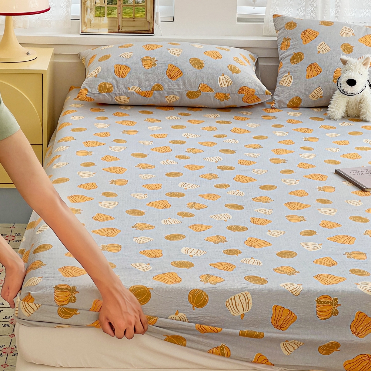 91家纺网 家纺一手货源 找家纺 （总）优选良品 2025新款ins小清新木棉双层纱印花床笠床垫保护罩枕套三件套