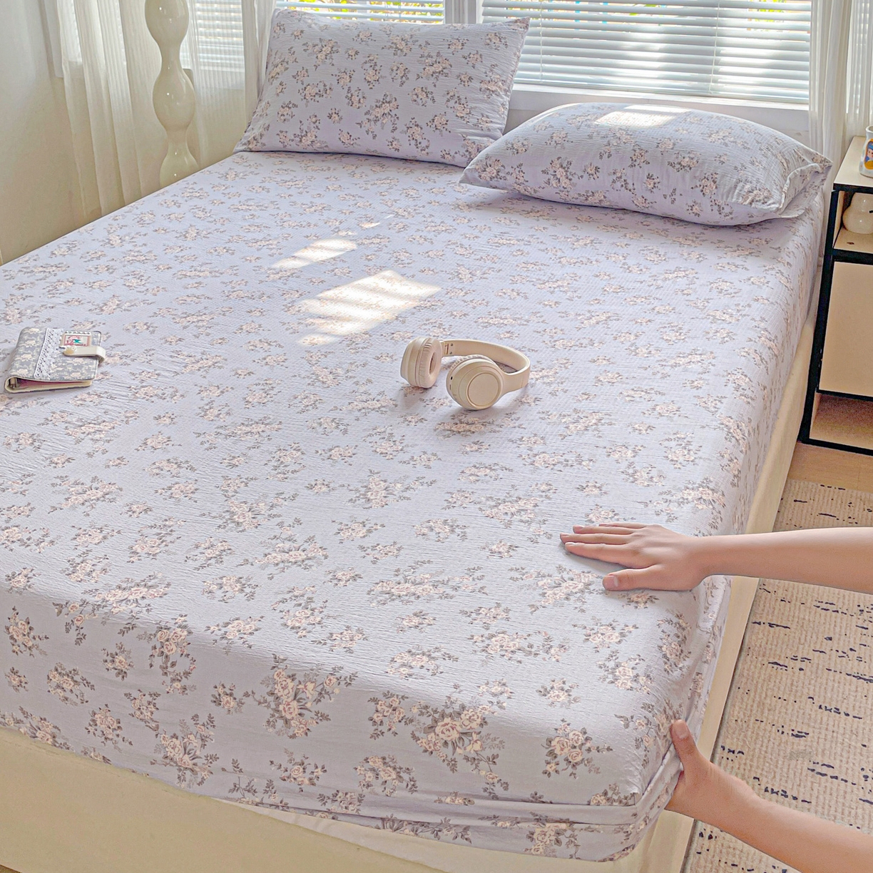 91家纺网 家纺一手货源 找家纺 优选 2026新款ins小清新木棉双层纱印花床笠床垫保护罩枕套三件套 华梦