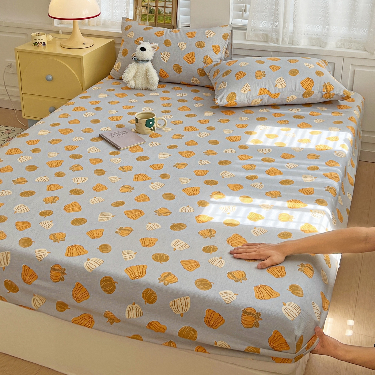 91家纺网 家纺一手货源 找家纺 （总）优选良品 2025新款ins小清新木棉双层纱印花床笠床垫保护罩枕套三件套