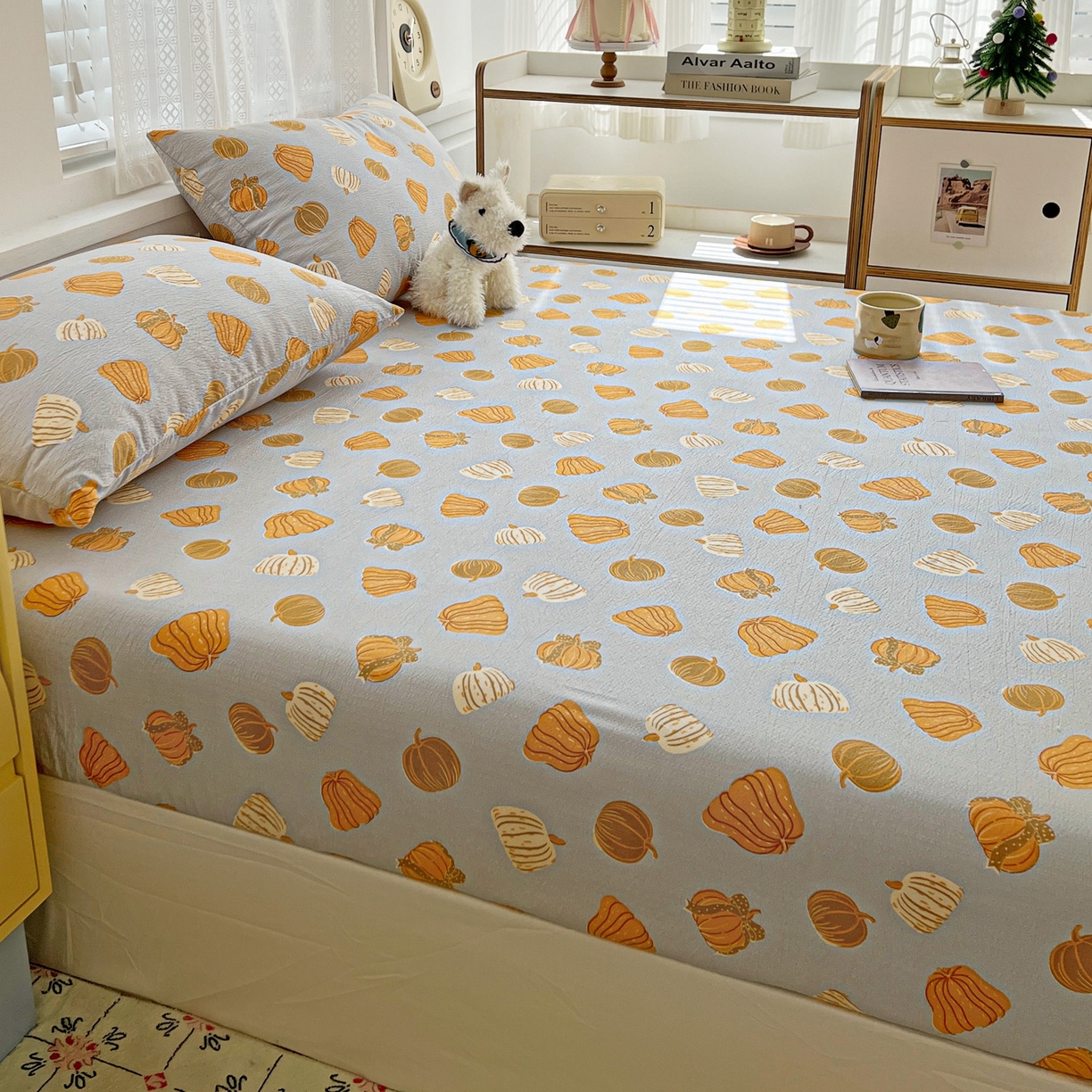 91家纺网 家纺一手货源 找家纺 （总）优选良品 2025新款ins小清新木棉双层纱印花床笠床垫保护罩枕套三件套