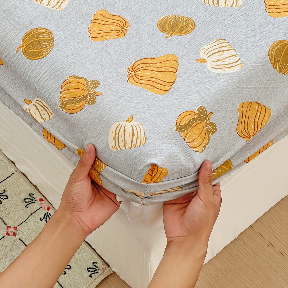 91家纺网 家纺一手货源 找家纺 （总）优选良品 2025新款ins小清新木棉双层纱印花床笠床垫保护罩枕套三件套