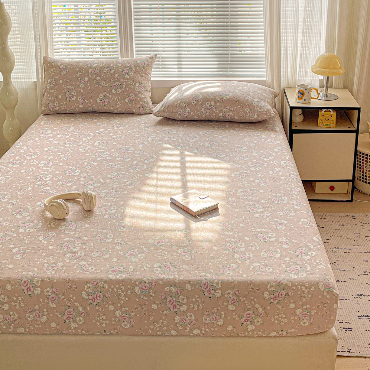 91家纺网 家纺一手货源 找家纺 优选 2026新款ins小清新木棉双层纱印花床笠床垫保护罩枕套三件套 绮梦